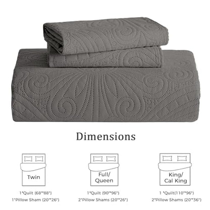 WURUIBO Full/Queen Quilt Set Grey,Ultrasonic Embossed Bedspread, Lightweight Microfiber Coverlet, Modern Thin Bedding Set for All Season, 3 Piece(1 Quilt,2 Pillow Shams) - color: Grey, size: Full/Queen(90"x96")