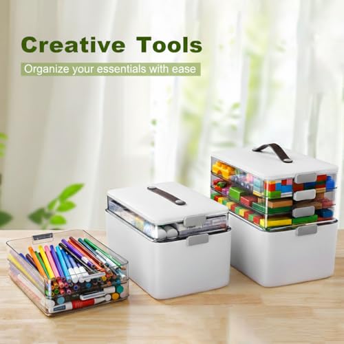 MOPALL Craft Medicine Cabinet Organizers Storage Box for Art Supply Sewing | 4-Tier Mega Capacity, Portable Latch Bin with Lid, Leather Handle, Space-Saving, for Home Office, Pill Bottle, First Aid