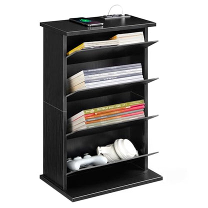 Narrow Side Table with Charging Station Slim End Table with Magazine Book Holder Organizer Rack & Storage Bag, Small Space Skinny Thin Nightstand Couch Sofa Bed Side Table for Bedroom, Living Room