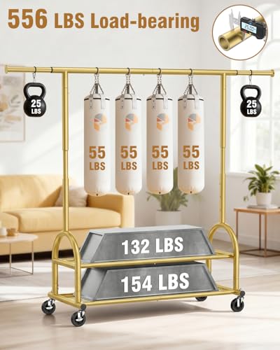 Heavy Duty Clothes Rack for Hanging Clothes Load 556 LBS, Height Adjustable Rolling Clothing Racks, Portable Metal Coat Rack Garment Wardrobe with Wheels and Shelves for Bedroom Laundry, Gold - color: Gold, style: 2 Shelves