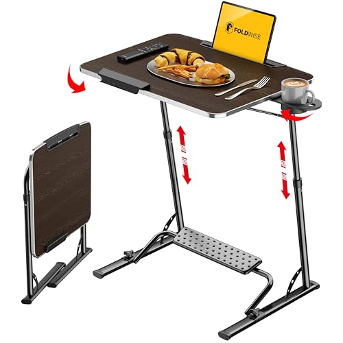 Upgraded Folding TV Tray Table, Sturdy Couch & Dinner Laptop Table | Adjustable Height & Angle Portable Desk for Eating, Work & Recliner; Includes Footrest, Cup Holder, iPad Holder, Edge Stopper - color: (Black) - Dark Wood Mahogany