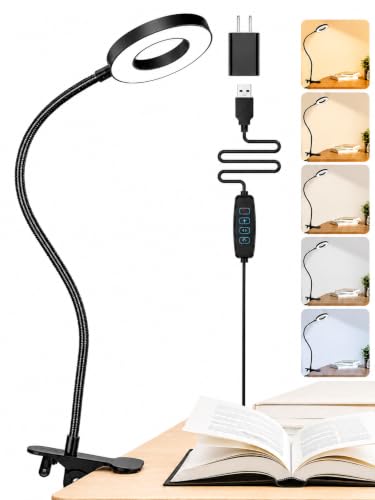 Clip on Lamp,5 Colors+10 Brightness Memory LED Desk Lamp with Clamp Light | 550lm Bright Clip on Light for Bed Headboard/Bedside Table,360° Adjustable Reading Light for Bed/Dorm/Nail/Puzzle,USB Adapter - color: Black.