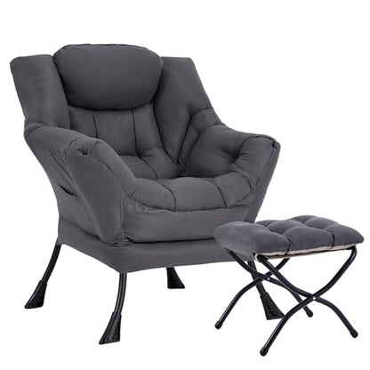 Lazy Chair with Ottoman, Soft Comfy Chair for Bedroom, Grey | Reading Accent Lounge Chair with folding Foot Stool for Living Room Dorm Apartment, sturdy metal frame - color: Dark Grey