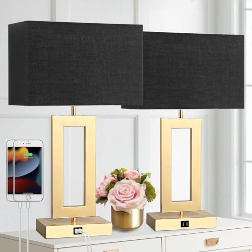 gernehop Black Table Lamps Set of 2 with Dual USB Ports,3-Way Dimmable Touch Control Bedside Lamps,22inch Tall Modern Bedroom Table Lamp for Living Room,Nightstand LED Bulbs Included - color: 22Inch Black&Gold