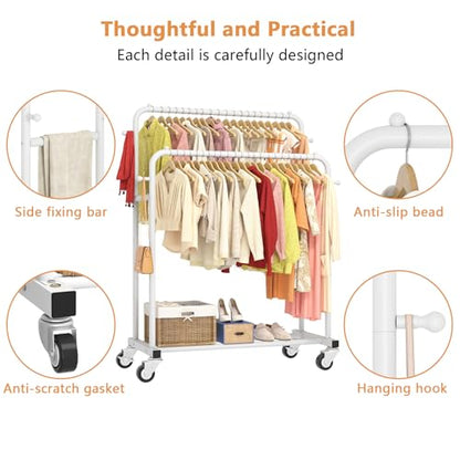 Laiensia Double Rods Garment Rack with Wheels, Clothing Rack for Hanging Clothes,4 Hooks, Multi-functional Bedroom Clothes Rack, White - color: White