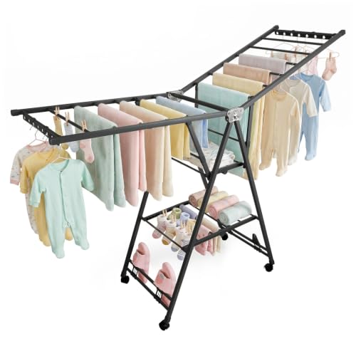 Clothes Rack, 3-Tier Drying Hanger, for 30 Pieces+, Foldable and Space Saving, Portable, Indoor or Outdoor Use, Solid Metal Clotheshorse, Nice for Mum, Gray(1.6 m Wing Length) - size: 3 Tiers_1.6m (Wing)