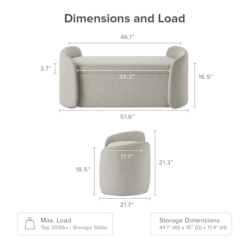 mopio Sophie 51" Ottoman Storage Bench, Entryway and Window Seating, End of Bed Curved Stool for King & Queen Bed, Storage Chest for Bedroom (Light Gray Fabric) - color: Light Gray Fabric, Curved