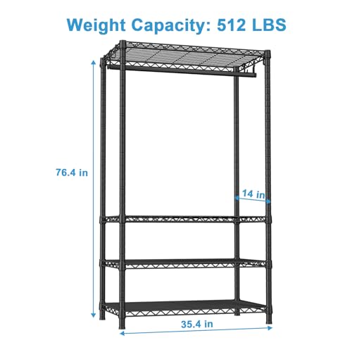H4 Portable Closets, 4-Tier Metal Clothes Garment Rack for Bedroom and Cloakroom, Clothing Closet Storage and Organizer Wardrobe, 35.4" W x 14" D x 76.4" H, Black | Black Freestanding Clothing Closet Storage and Organizer Wardrobe for Apartment and Cloakr