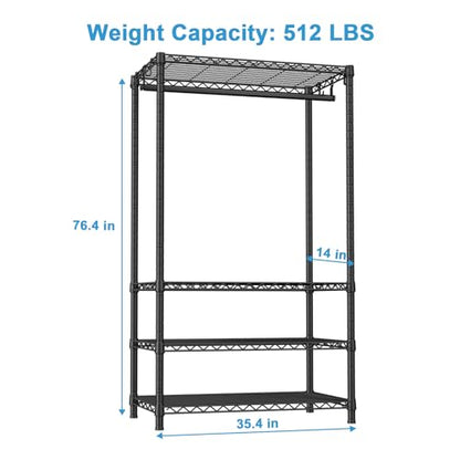 H4 Portable Closets, 4-Tier Metal Clothes Garment Rack for Bedroom and Cloakroom, Clothing Closet Storage and Organizer Wardrobe, 35.4" W x 14" D x 76.4" H, Black | Black Freestanding Clothing Closet Storage and Organizer Wardrobe for Apartment and Cloakr