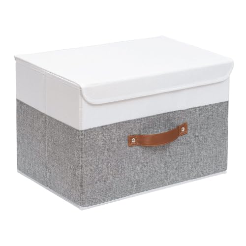 Yawinhe Collapsible Storage Bins,White/Grey,13.0x9.0x7.9in,1-Pack | Fabric Storage Box with Lids, Washable Cube Organizer Basket; Fabric Container with Leather Handle,Closet Organizer for Home - color: White/Grey, size: M/(1 Pack)