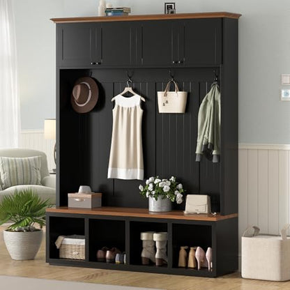 76.7''H Farmhouse Hall Tree with Storage Cabinet & Bench, Black - color: Black, size: 59”W x 15.7”D x 76.7”H