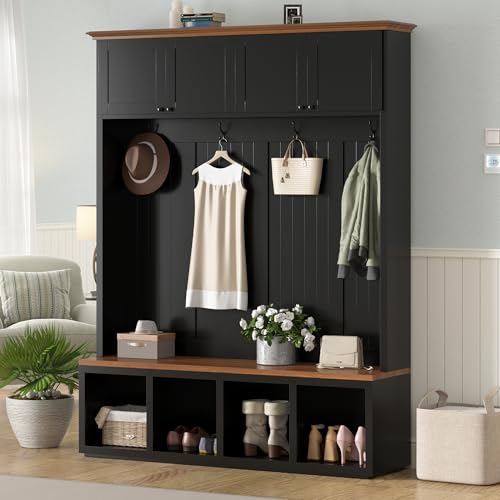 76.7''H Farmhouse Hall Tree with Storage Cabinet & Bench, Black - color: Black, size: 59”W x 15.7”D x 76.7”H
