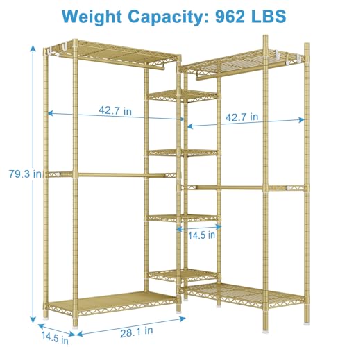 E4L Corner Clothes Rack, L Shaped Garment Rack, Heavy-Duty Freestanding Closet System with Shelves and Hangers, Max Load 962lbs, 42.7" W x 42.7" D x 79.3" H, Gold - color: Gold