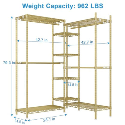 E4L Corner Clothes Rack, L Shaped Garment Rack, Heavy-Duty Freestanding Closet System with Shelves and Hangers, Max Load 962lbs, 42.7" W x 42.7" D x 79.3" H, Gold - color: Gold
