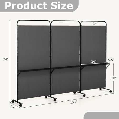 Giantex 3 Panel Room Divider with Wheels and Shelves, 103" W x 74" H Folding Privacy Screen, Rolling Partition Separator for Home Office Studio, Fabric Wall Divider for Room Separation (Black) - color: Black