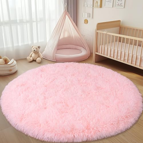 5ft Pink Round Shag Rug for Girls Bedroom, Washable Non-Slip | Soft Fluffy Pink Circle Rug for Kids Room Dorm Living Room Home Decor, Thick Memory Sponge, Flame Resistant - color: Pink, size: 5' (Round)