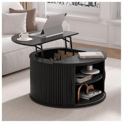 SULIVES Round Coffee Table with Lifting Top, Multifunctional Lift Top Drum Coffee Table with Sliding Door, Small Fluted Center Table for Living Room,Black - color: Black_round-lift-top
