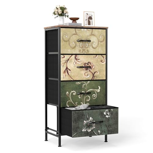 DUMOS Nightstand, Bedside Table with 4 Fabric Drawers | Night Stand with Removable Bins, Steel Frame Wood Top, Small Dresser for Bedroom Closet, Storage Tower, Floral Painted - color: Floral Painted, size: 11.8"D x 17.7"W x 37.4"H (4 Drawers)