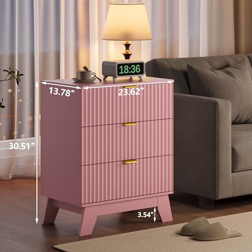 Fluted Nightstand with 3 Large Drawers, Wooden Side End Table with Elevated Legs for Easy Cleaning, Sturdy Modern Beside Table for Small Space, Bedroom, Pink, 24" L - color: Pink