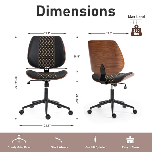 Modern Walnut Home Office Chair, Black-Embroidery | Executive Desk Chair No Armswith Wheels, Adjustable Height, Comfy PU, Deeper Cushion, Mid Back, 360 Swivel Computer Chair - color: Black-embroidery