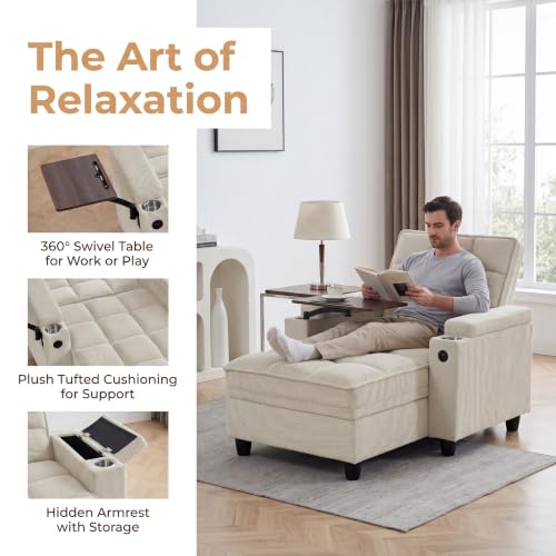 Convertible Sleeper Chair, Pull Out Sofa Bed with Adjustable Backrest & Hidden Storage Armrest, Single Sofa Recliner with USB Charging Port & Cup Holders for Living Room, Bedroom, Beige - color: C-beige-p8