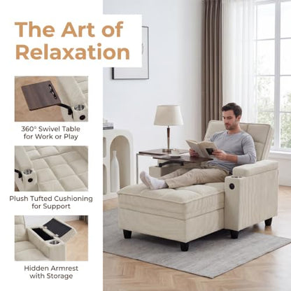 Convertible Sleeper Chair, Pull Out Sofa Bed with Adjustable Backrest & Hidden Storage Armrest, Single Sofa Recliner with USB Charging Port & Cup Holders for Living Room, Bedroom, Beige - color: C-beige-p8