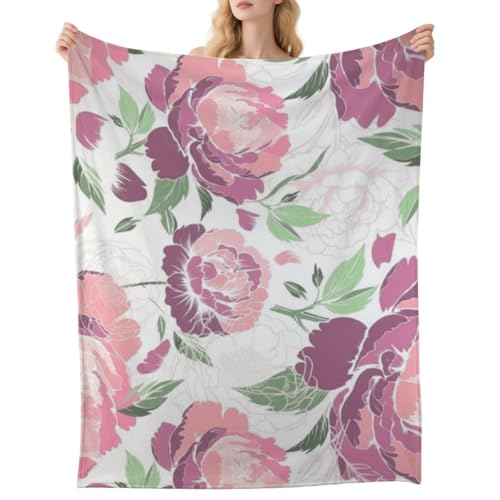 Pastel Pink Peony Flower Flannel Throw Blanket Soft Warm Cozy Throw for Women Mothers Blankets Decor Gifts for Bed Couch Sofa 40 X 50 Inch - size: 40 × 50 inch