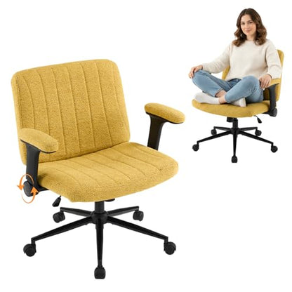 VINGLI Criss Cross Chair with Adjustable Flip-Up Arms,Cross Legged Chair with Wheels,Extra Wide Office Chair,Desk Chair for Home Office,Vanity,Bedroom, Apartment,Starry Chenille,Pale Yellow - color: Pale Yellow