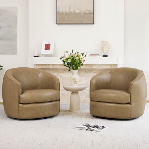 CHITA Genuine Leather Swivel Barrel Accent Chair, Fully Assembled, Mocha | Modern Armchair with FSC Certified Wood Frame, Living Room Chair for bedroom & office, 31.5"Dx32.3"Wx28.7"H, 350 Lbs Capacity - color: Mocha - Genuine Leather