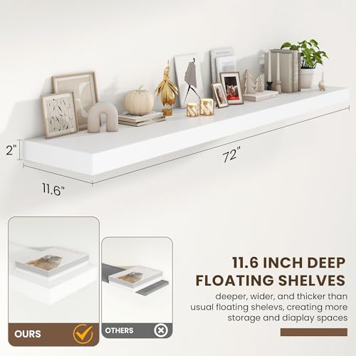 72 Inch Floating Shelves, 12'' Deep White Shelves for Wall Set of 2 | Invisible Brackets, Engineered Wood, Mounting Hardware Included, 60LBS, Bathroom, Laundry Room, Kitchen, Living Room - color: White, size: 72W x 11.6D x 2H, 2 Pack