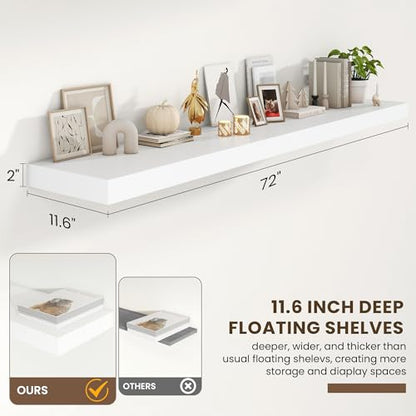 72 Inch Floating Shelves, 12'' Deep White Shelves for Wall Set of 2 | Invisible Brackets, Engineered Wood, Mounting Hardware Included, 60LBS, Bathroom, Laundry Room, Kitchen, Living Room - color: White, size: 72W x 11.6D x 2H, 2 Pack