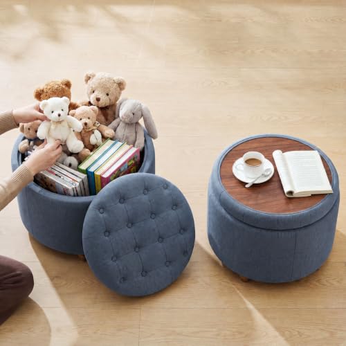 25" Round Ottoman with Storage, Small Coffee Table with Reversible Tray Lid | Tufted Fabric Round Storage Ottoman with Solid Wood Legs, 3-in-1 Footrest for Living Room, Bedroom, Entryway, Blue - color: Blue