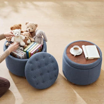 25" Round Ottoman with Storage, Small Coffee Table with Reversible Tray Lid | Tufted Fabric Round Storage Ottoman with Solid Wood Legs, 3-in-1 Footrest for Living Room, Bedroom, Entryway, Blue - color: Blue