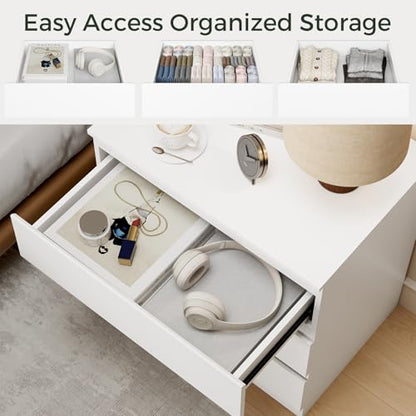 White 3 Drawer Dresser for Bedroom Clothes Storage | Small Space, High Gloss, Handle-Free, Modern, Wide Wooden Chest, for Living Room, Entryway, TV Stand, Night Stand - size: 15.6"D x 22.9"W x 26.2"H (3 Drawers)