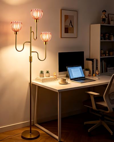 Lightdot Dimmable Red Glass Floor Lamp Mid Century Modern Gold Floor Lamps with Warm White Bulbs Included 3-Arm Standing Tall Lamp with 5Lbs Heavy Base for Living Room/Bedroom/Home Office - color: 3 Red Tulip-Gold