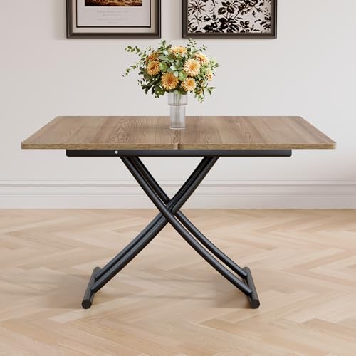 Adjustable Height Coffee Table, Folding Dining Table, Light Wood | Convertible lift top table for use as a coffee table, dining table, home office desk or vanity - color: Light Wood & Black Legs