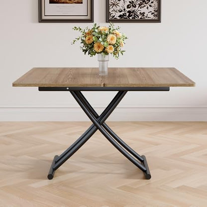 Adjustable Height Coffee Table, Folding Dining Table, Light Wood | Convertible lift top table for use as a coffee table, dining table, home office desk or vanity - color: Light Wood & Black Legs