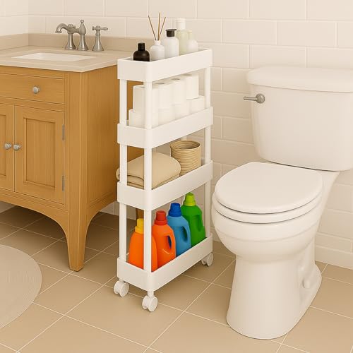 ShellKingdom 4 Tier Bathroom Storage Organizer, Slim Rolling Storage Cart for Narrow Space, Mobile Shelving Unit with Lockable Wheels and Hooks for Bathroom, Kitchen, Laundry Movable Shelf (White) - color: White