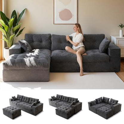 MAXYOYO Boneless Couch, 96-Inch L-Shaped Cloud Couch with Ottoman | Dark Grey Layered Cushion and Flexible Modules Create an Upholstered Sofa in a Box, No Assembly for Spacious Living Rooms. - color: Dark Grey, size: 96" L Shape