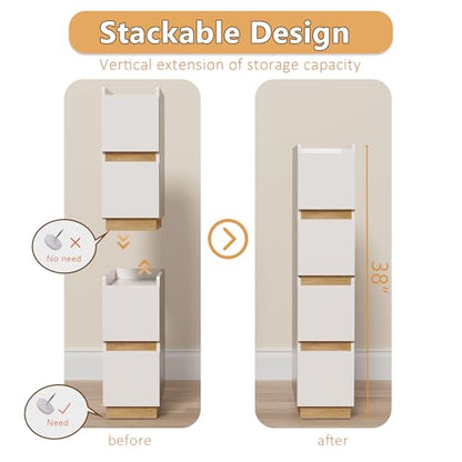 Narrow Night Stands, Modern Slim Nightstand Set of 2, Wooden Skinny Bedside Table 2 Drawers, Stackable Narrow Side Table with Drawers for Small Spaces, Bedroom, Living Room, White - color: White (2pcs)