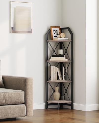 4-Tier Corner Shelf, Industrial Corner Bookshelf, 47.6" Corner Storage Stand, Plant Stand Display Shelf, Corner Bookcase for Bedroom, Living Room, Home Office, Greige and Black TCJ09BG - color: Greige and Black, size: 4-Tier