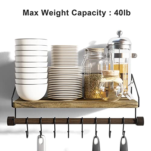 Alsonerbay Floating Shelf for Wall with Wooden Towel Bar, Carbonized Black | 8 removable hooks, rustic finish, space-saving, holds utensils & mugs, easy installation, kitchen & bathroom use - color: Carbonized Black