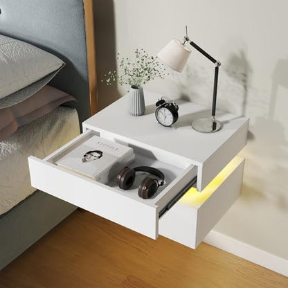 Floating Nightstand Set of 2,Modern Bedside Tables with LED Light for Bedroom,Small Night Stands with Drawers, Wall Mounted End SideTables Set for Living Room - color: White