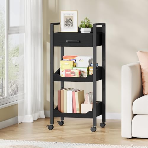 Hoctieon 3-Tier Rolling Storage Cart with Drawer, Rolling Utility Cart Organizer, Mobile Shelving Unit with Wheels, Metal Frame, Kitchen Utility Cart for Small Space, Office, Bathroom, Black - color: Black