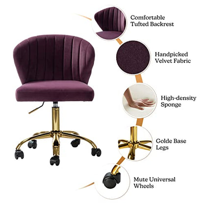 TINA'S HOME Office Desk Chairs with Wheels & Gold Base, Modern Velvet Cute Armless Office Chair, Adjustable Low Back Swivel Rolling Chair, Upholstered Task Chair for Living Room Vanity Study-Purple | Modern Velvet Cute Armless Office Chair, Adjustable Low