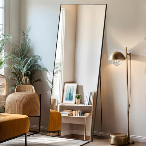 Mirror Full Length, 21"x64" Body Wall Mirrors with Shatter-Proof Glass, Floor Standing, Hanging or Leaning, Large Tall Mirror with Stand Aluminum Alloy Frame for Bedroom Cloakroom - color: Black, size: 64"L x 21"W, style: Rectangular
