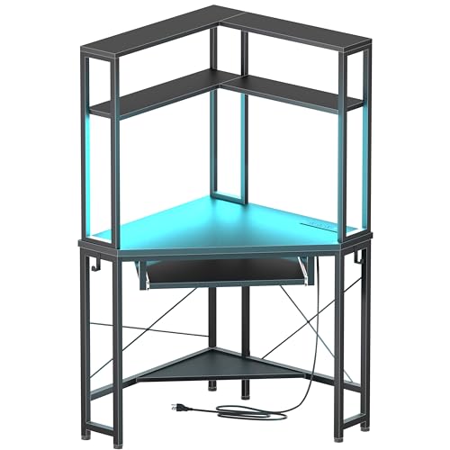 Corner Desk with Hutch and LED Light, Keyboard Tray, Black - color: Black
