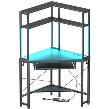 Corner Desk with Hutch and LED Light, Keyboard Tray, Black - color: Black