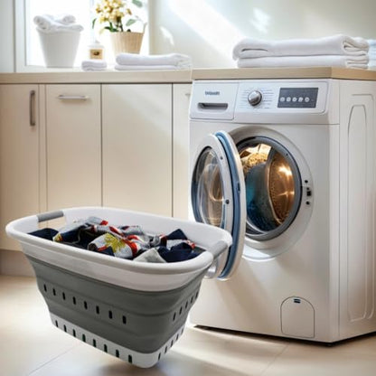 SAMMART 37L (9.77 gallon) Collapsible Plastic Laundry Basket - Foldable Pop Up Storage Container/Organizer - Space Saving Hamper/Basket (1, White/Grey) - color: White/Grey