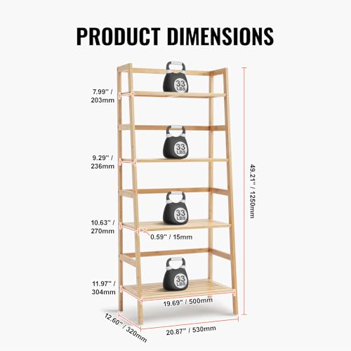 VEVOR 4-Tier Bamboo Ladder Shelf, Trapezoid Open Bookcase, Display Storage Rack Organizer, Freestanding Flower Plant Stand, Ladder Bookshelf Ideal for Bathroom, Bedroom, Office, Study, Natural - style: 4-Tier